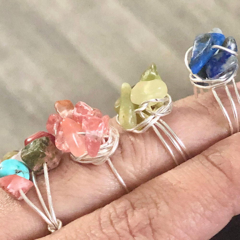 Wire wrapped crystal rings set of 4